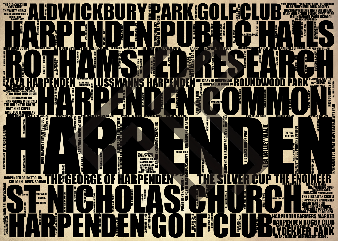 Harpenden - Premium Typographic Word Cloud Prints, Posters & Gifts