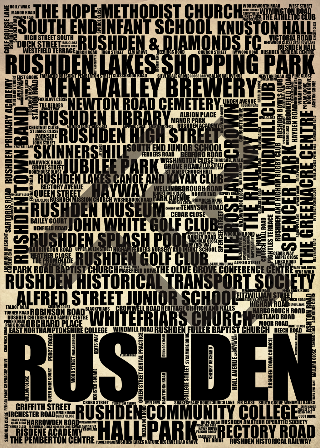 Rushden - Premium Typographic Word Cloud Prints, Posters & Gifts