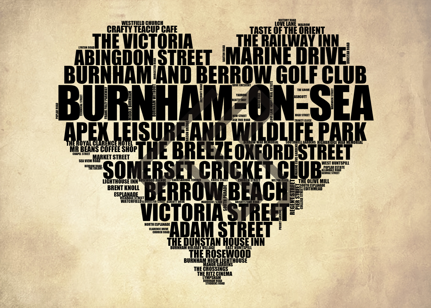 Burnham-on-Sea - Premium Typographic Word Cloud Prints, Posters & Gifts