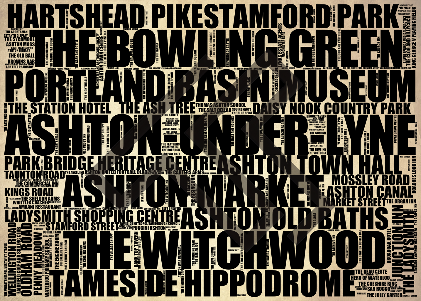 Ashton-under-Lyne - Premium Typographic Word Cloud Prints, Posters & Gifts