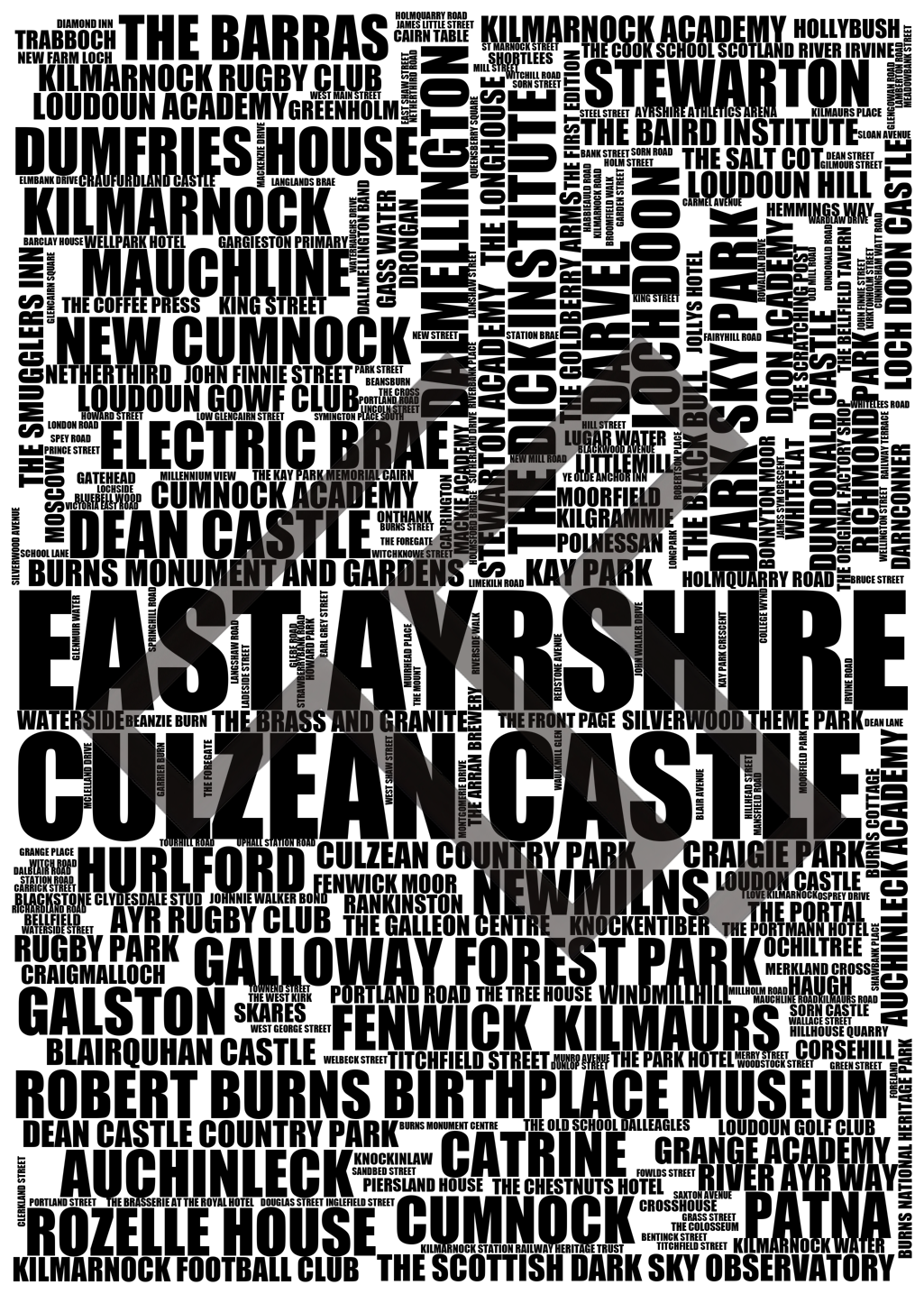 East Ayrshire - Premium Typographic Word Cloud Prints, Posters & Gifts