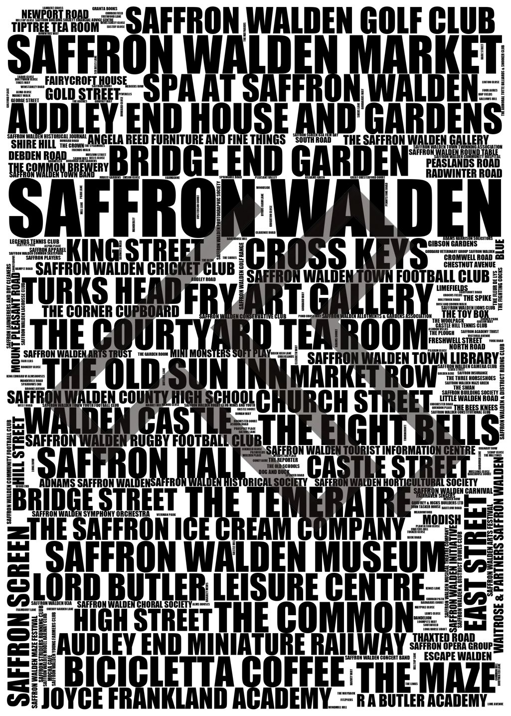 Saffron Walden - Premium Typographic Word Cloud Prints, Posters & Gifts