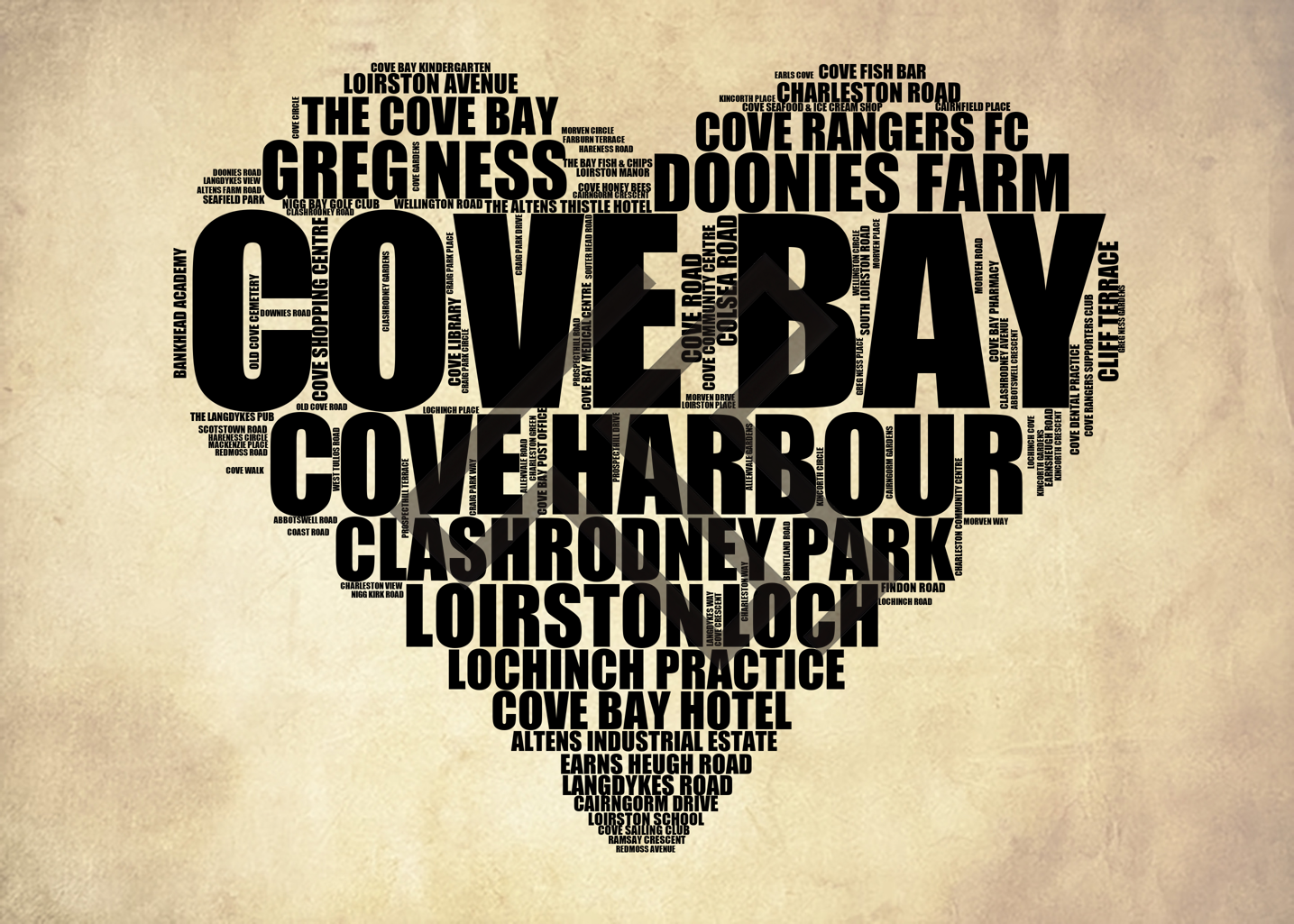 Cove Bay - Premium Typographic Word Cloud Prints, Posters & Gifts