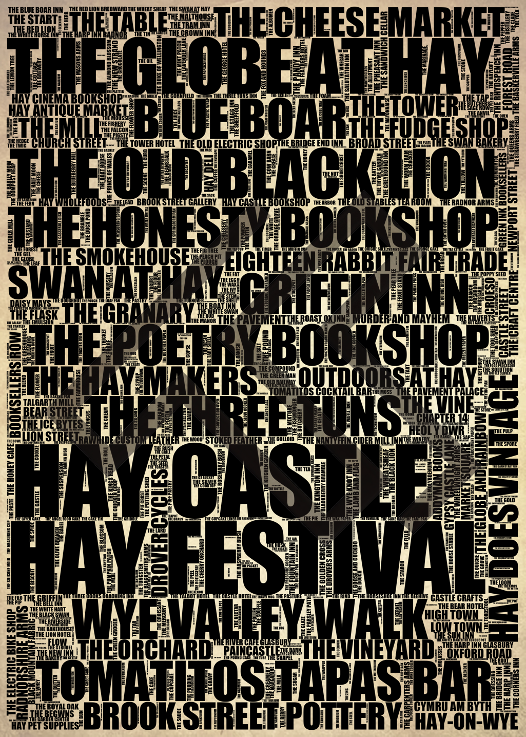 Hay-on-Wye - Premium Typographic Word Cloud Prints, Posters & Gifts