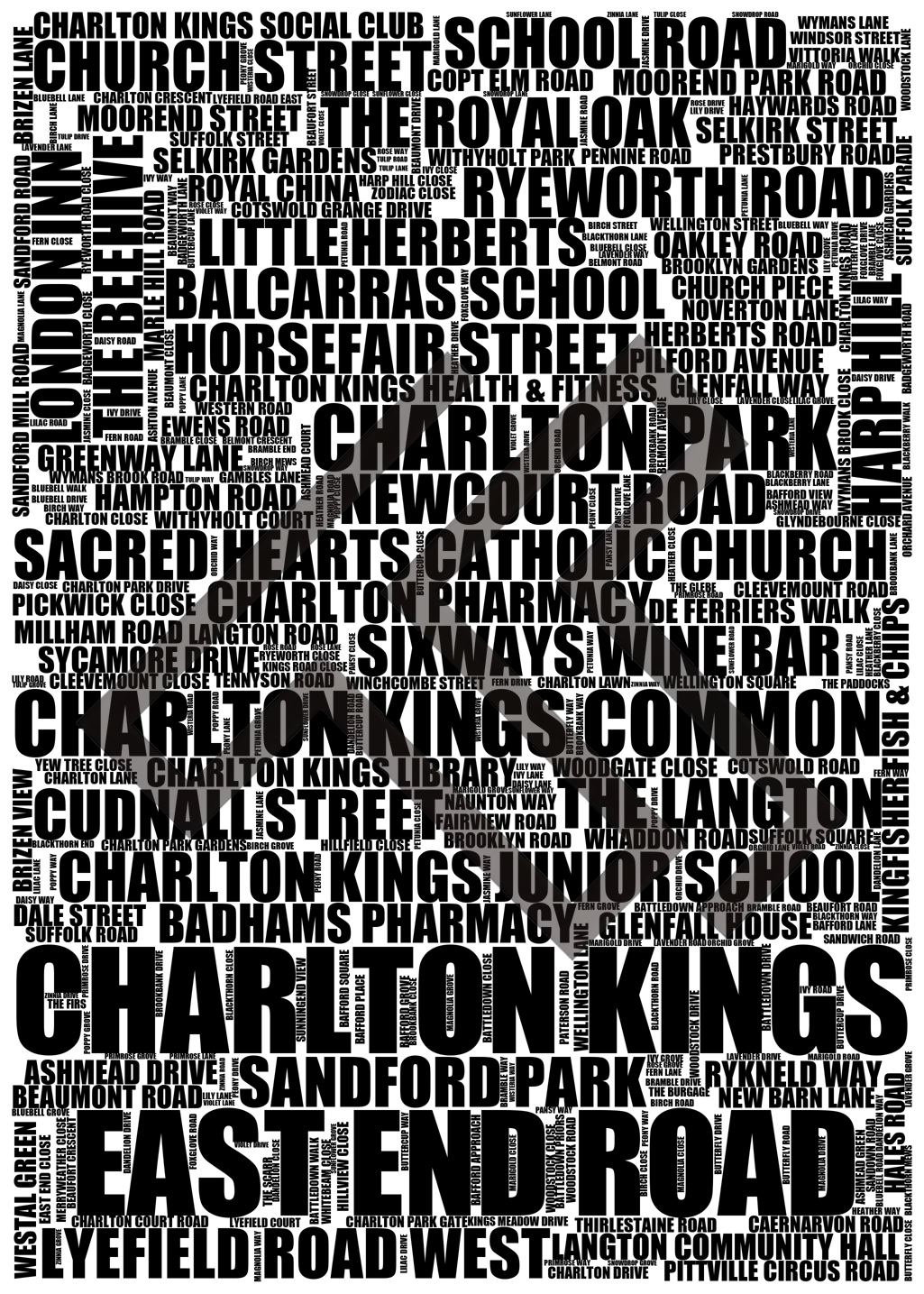 Charlton Kings - Premium Typographic Word Cloud Prints, Posters & Gifts