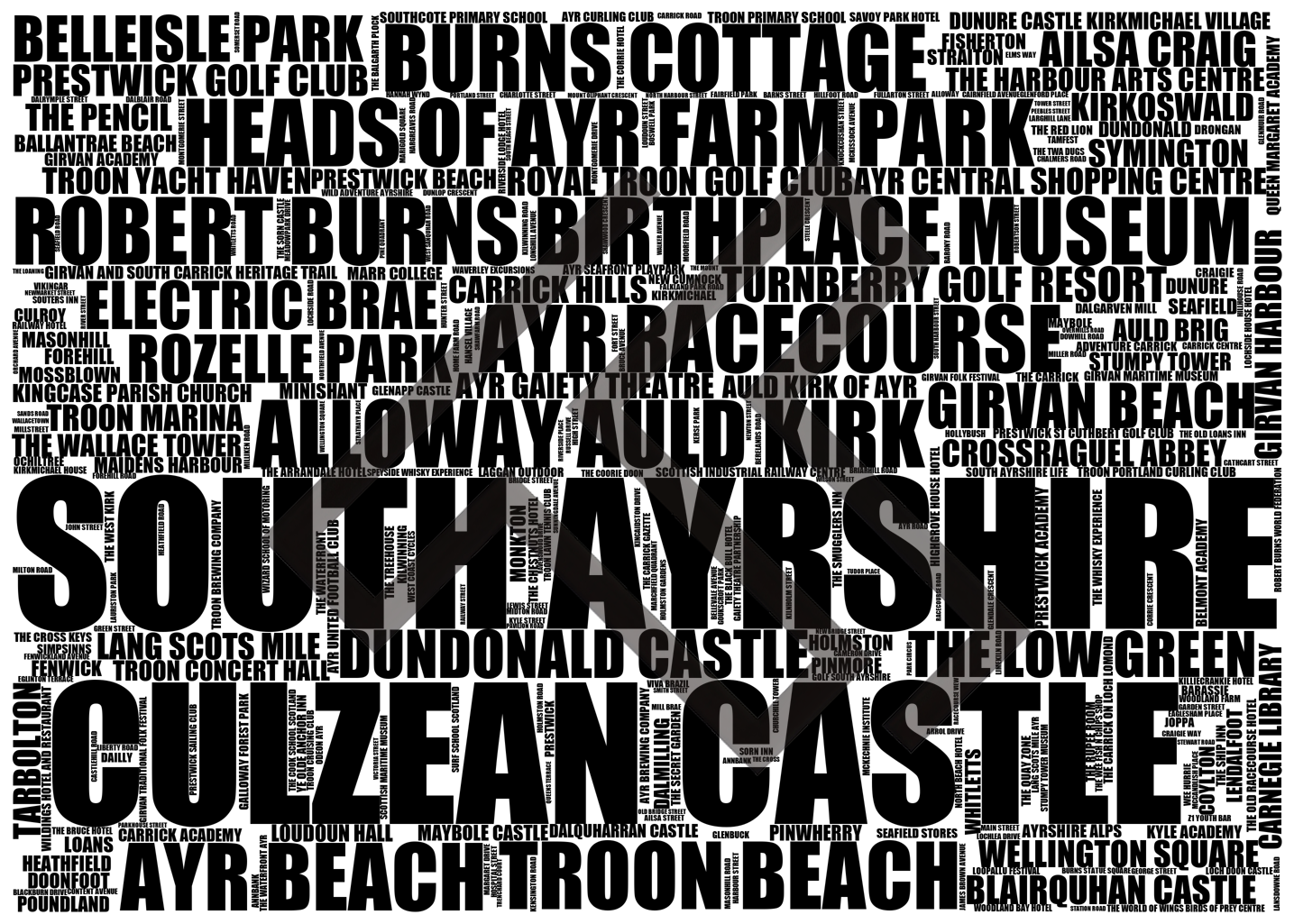 South Ayrshire - Premium Typographic Word Cloud Prints, Posters & Gifts