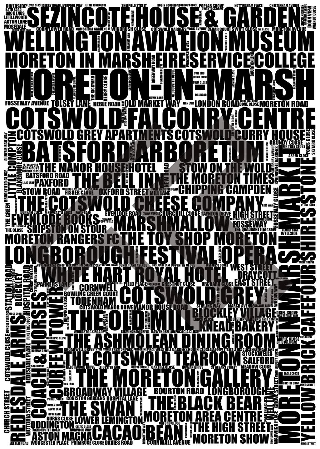 Moreton-in-Marsh - Premium Typographic Word Cloud Prints, Posters & Gifts