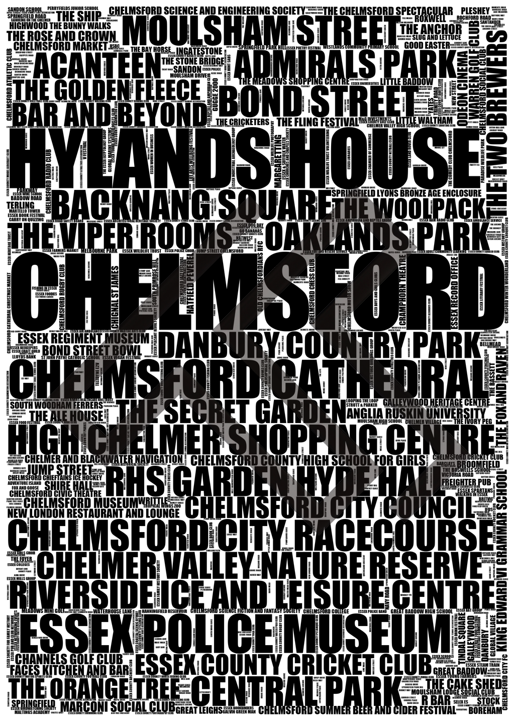 Chelmsford - Premium Typographic Word Cloud Prints, Posters & Gifts