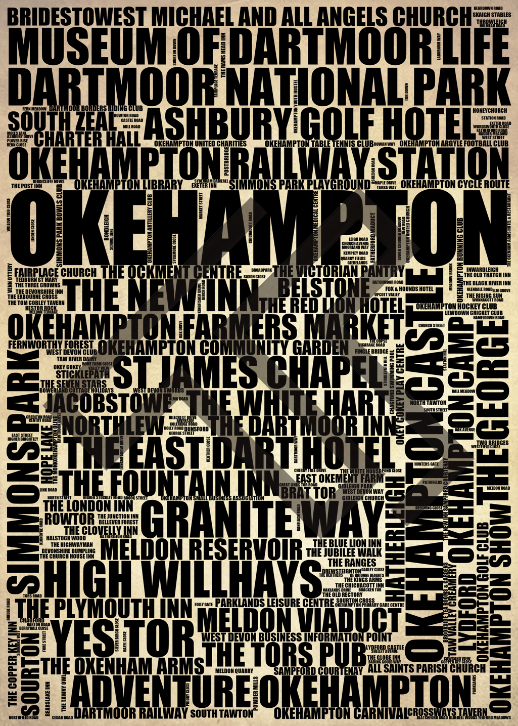 Okehampton - Premium Typographic Word Cloud Prints, Posters & Gifts