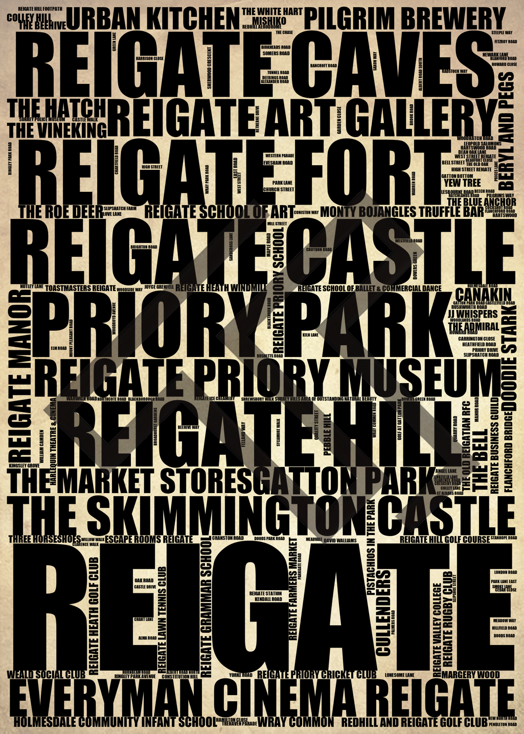 Reigate - Premium Typographic Word Cloud Prints, Posters & Gifts