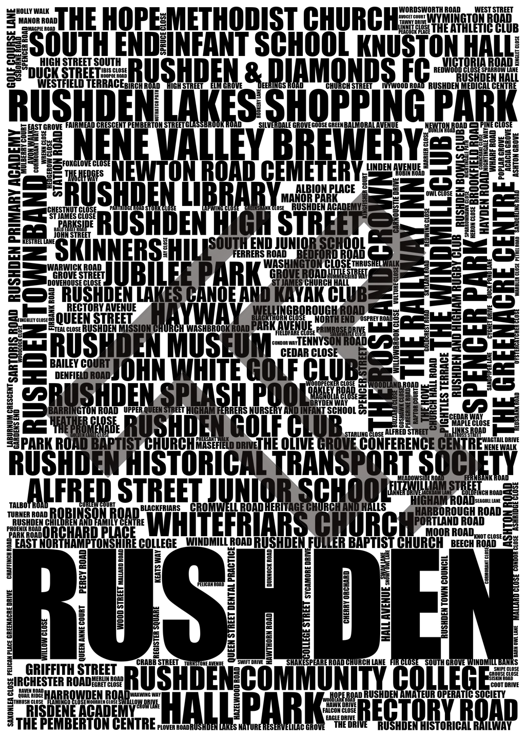 Rushden - Premium Typographic Word Cloud Prints, Posters & Gifts