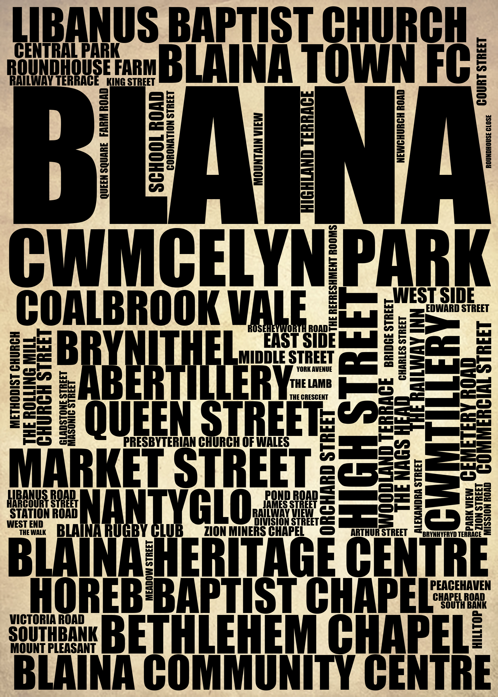 Blaina - Premium Typographic Word Cloud Prints, Posters & Gifts