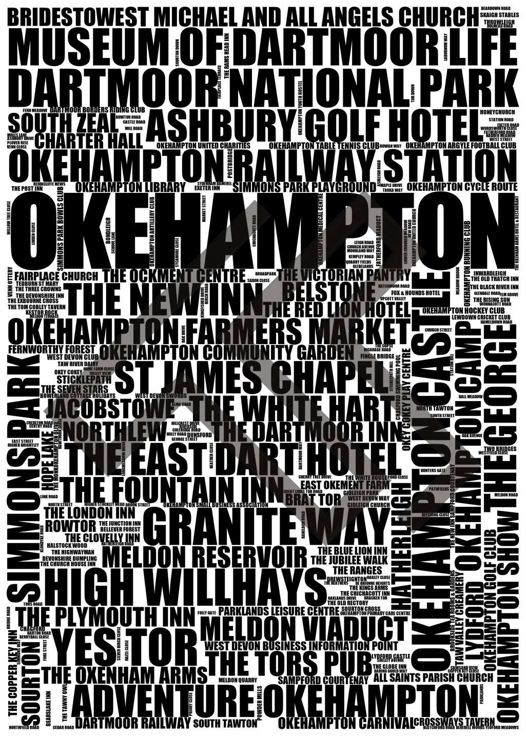 Okehampton - Premium Typographic Word Cloud Prints, Posters & Gifts