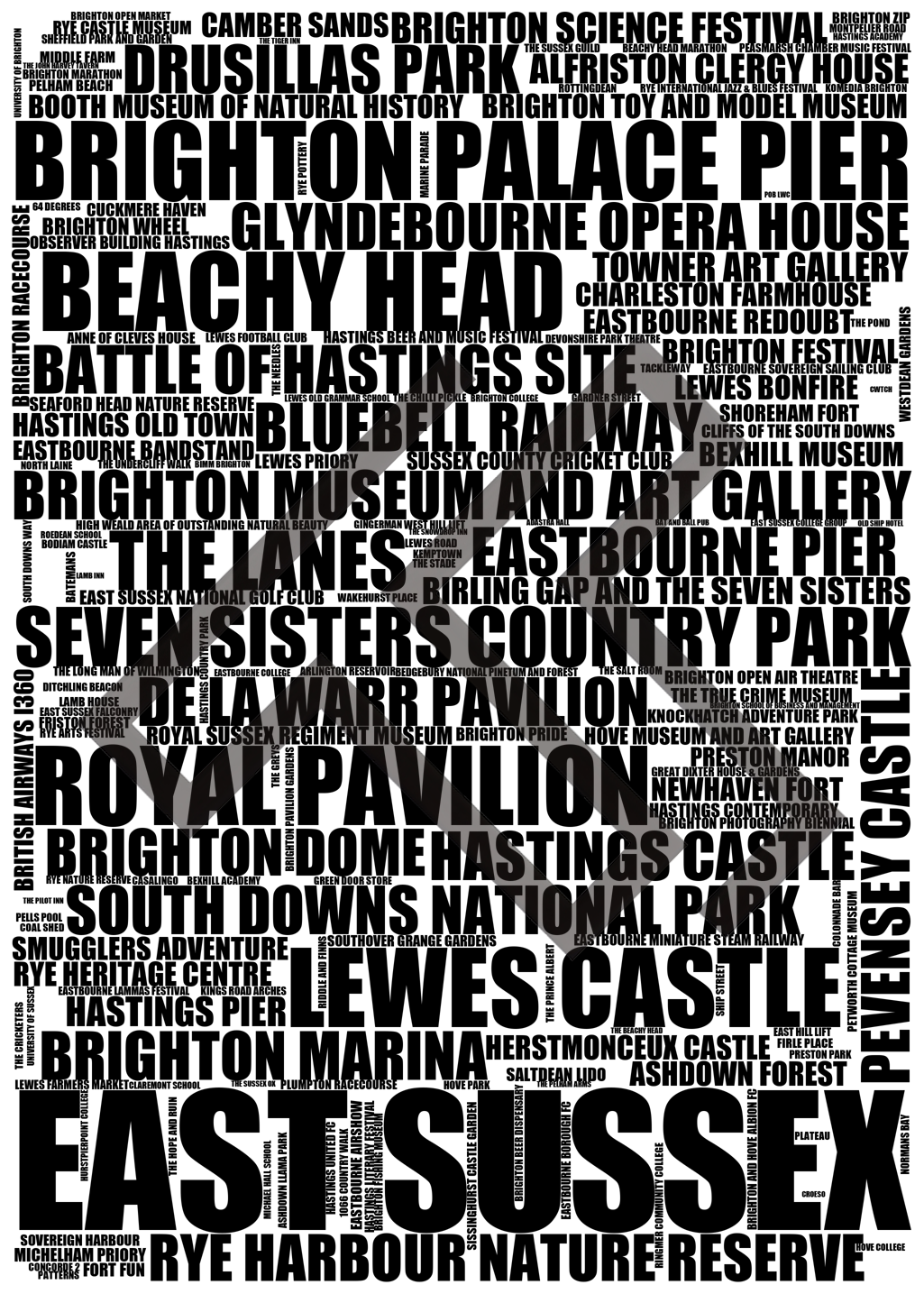 East Sussex - Premium Typographic Word Cloud Prints, Posters & Gifts