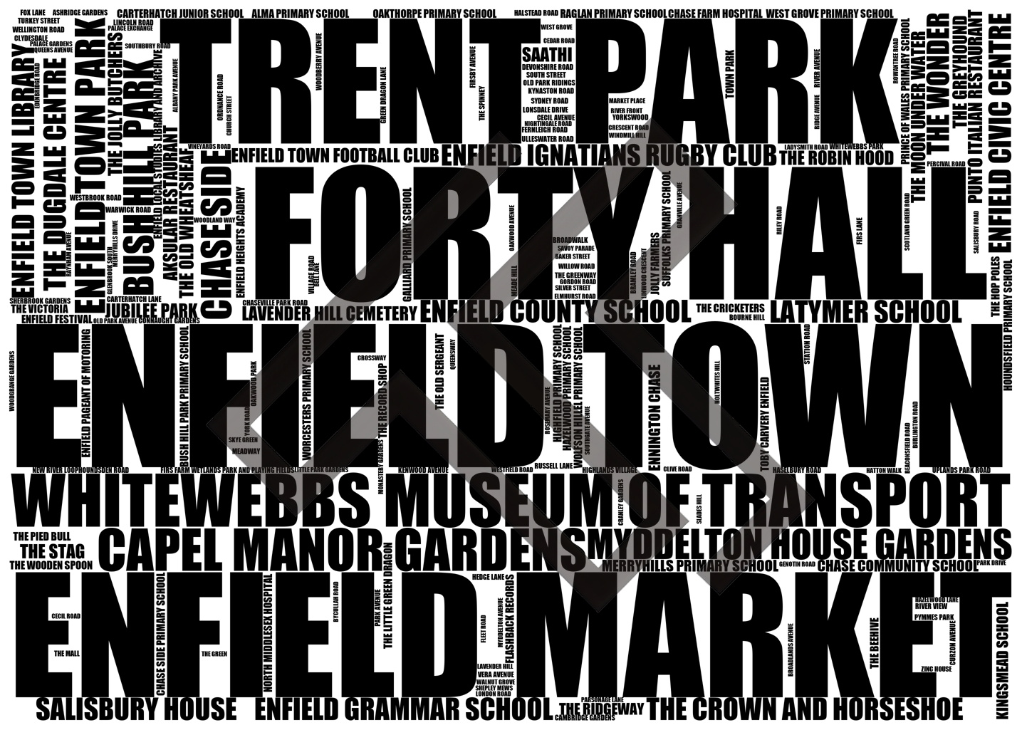 Enfield Town - Premium Typographic Word Cloud Prints, Posters & Gifts