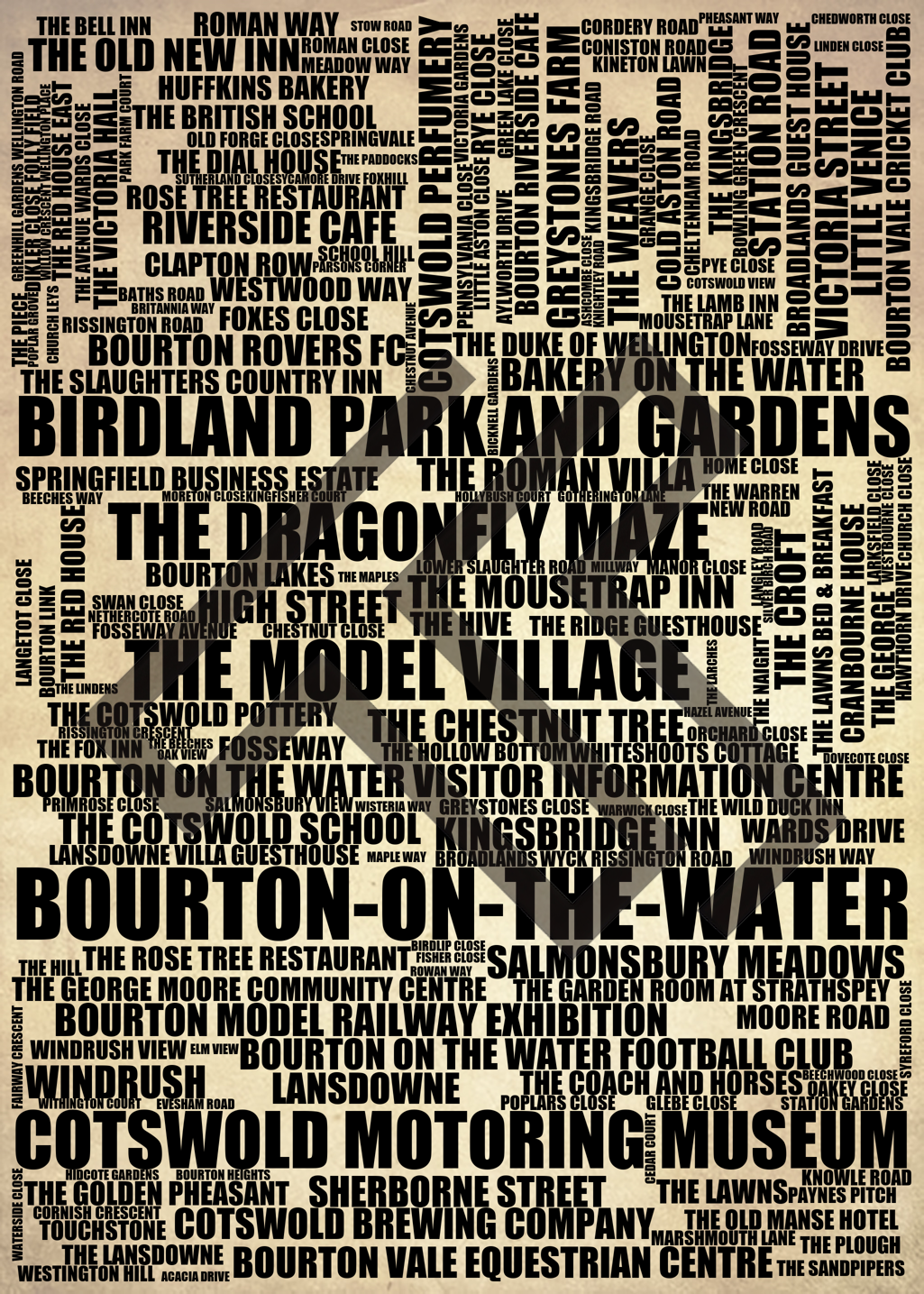 Bourton-on-the-Water - Premium Typographic Word Cloud Prints, Posters & Gifts