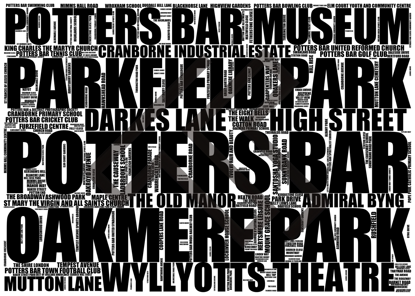 Potters Bar - Premium Typographic Word Cloud Prints, Posters & Gifts