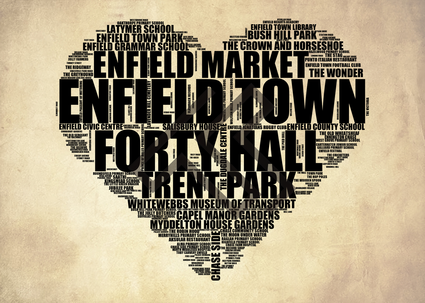 Enfield Town - Premium Typographic Word Cloud Prints, Posters & Gifts