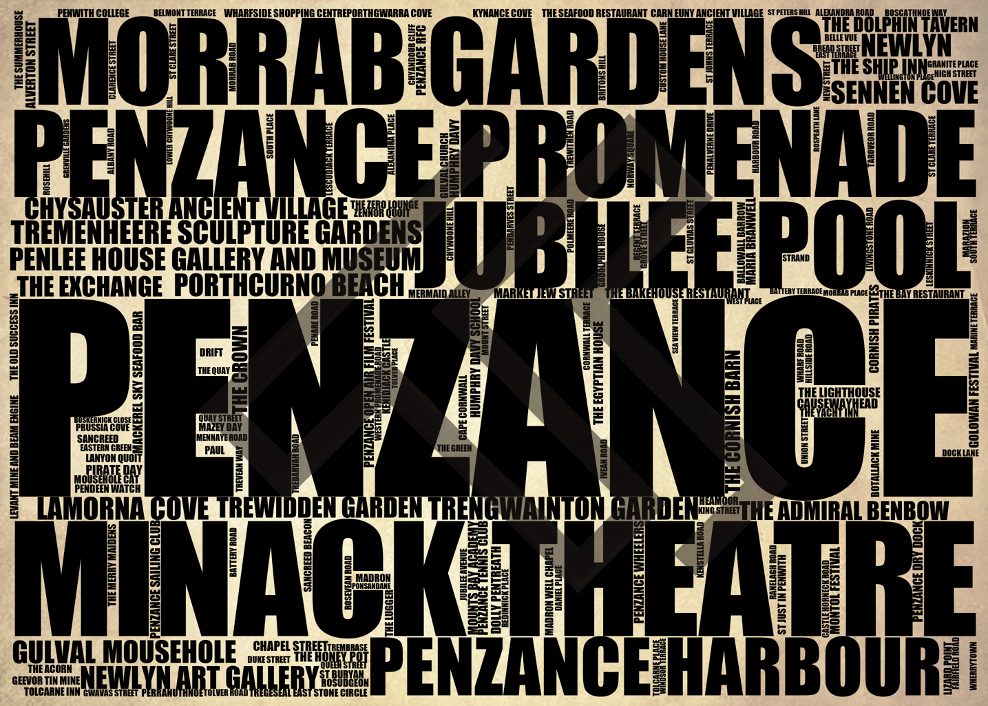 Penzance - Premium Typographic Word Cloud Prints, Posters & Gifts