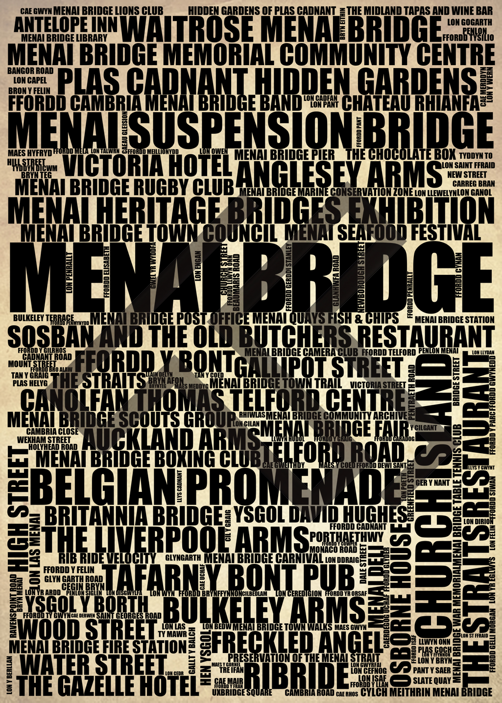 Menai Bridge - Premium Typographic Word Cloud Prints, Posters & Gifts