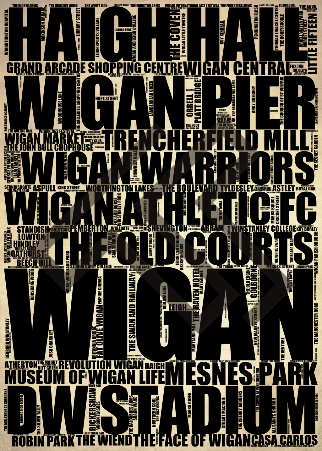 Wigan - Premium Typographic Word Cloud Prints, Posters & Gifts