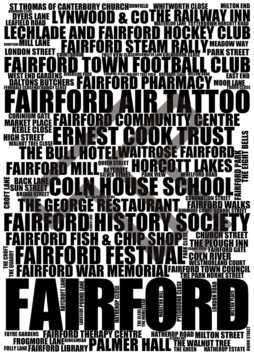 Fairford - Premium Typographic Word Cloud Prints, Posters & Gifts