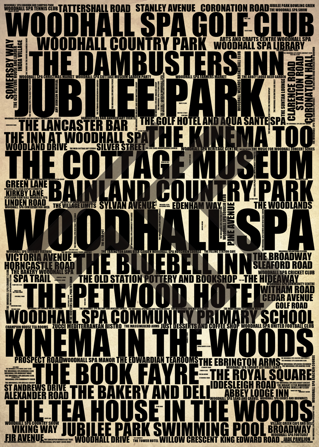 Woodhall Spa - Premium Typographic Word Cloud Prints, Posters & Gifts