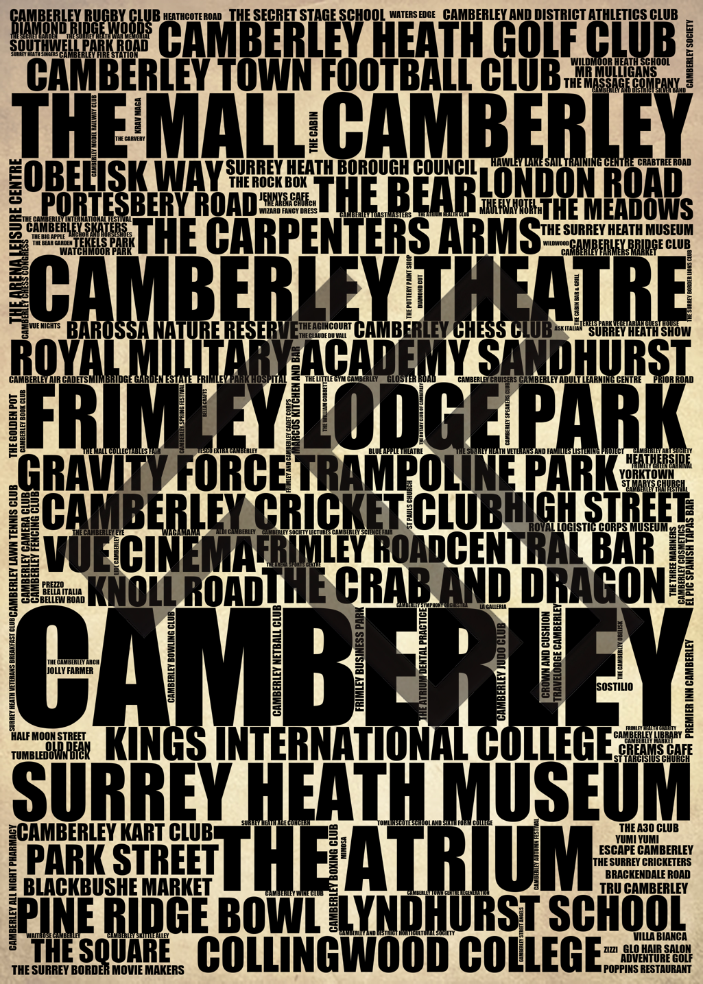Camberley - Premium Typographic Word Cloud Prints, Posters & Gifts