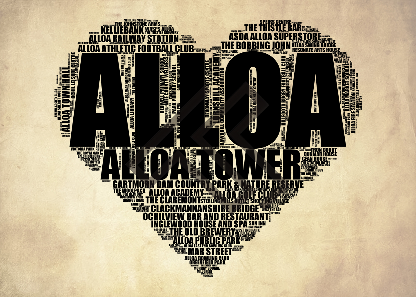 Alloa - Premium Typographic Word Cloud Prints, Posters & Gifts