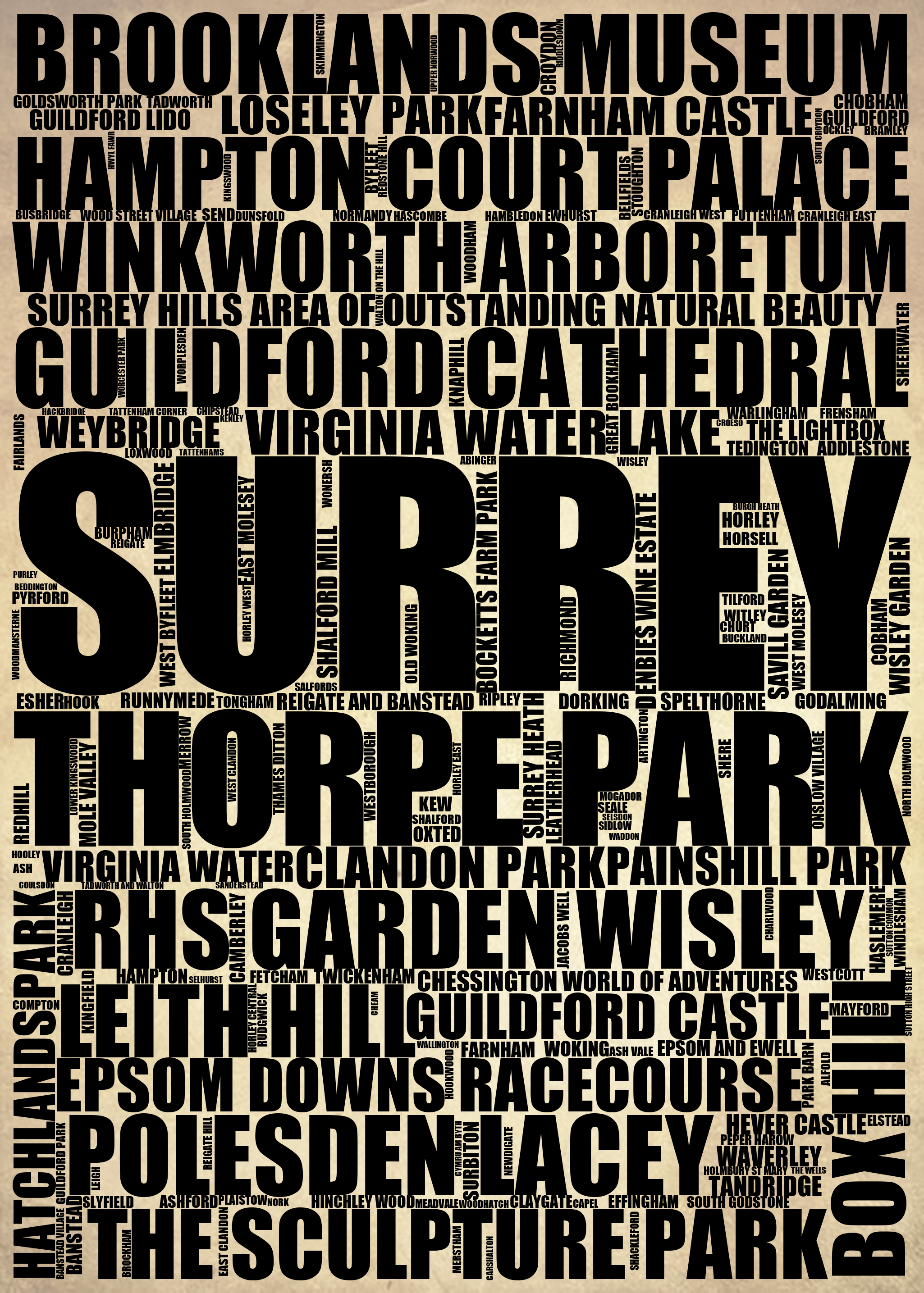 Surrey - Premium Typographic Word Cloud Prints, Posters & Gifts