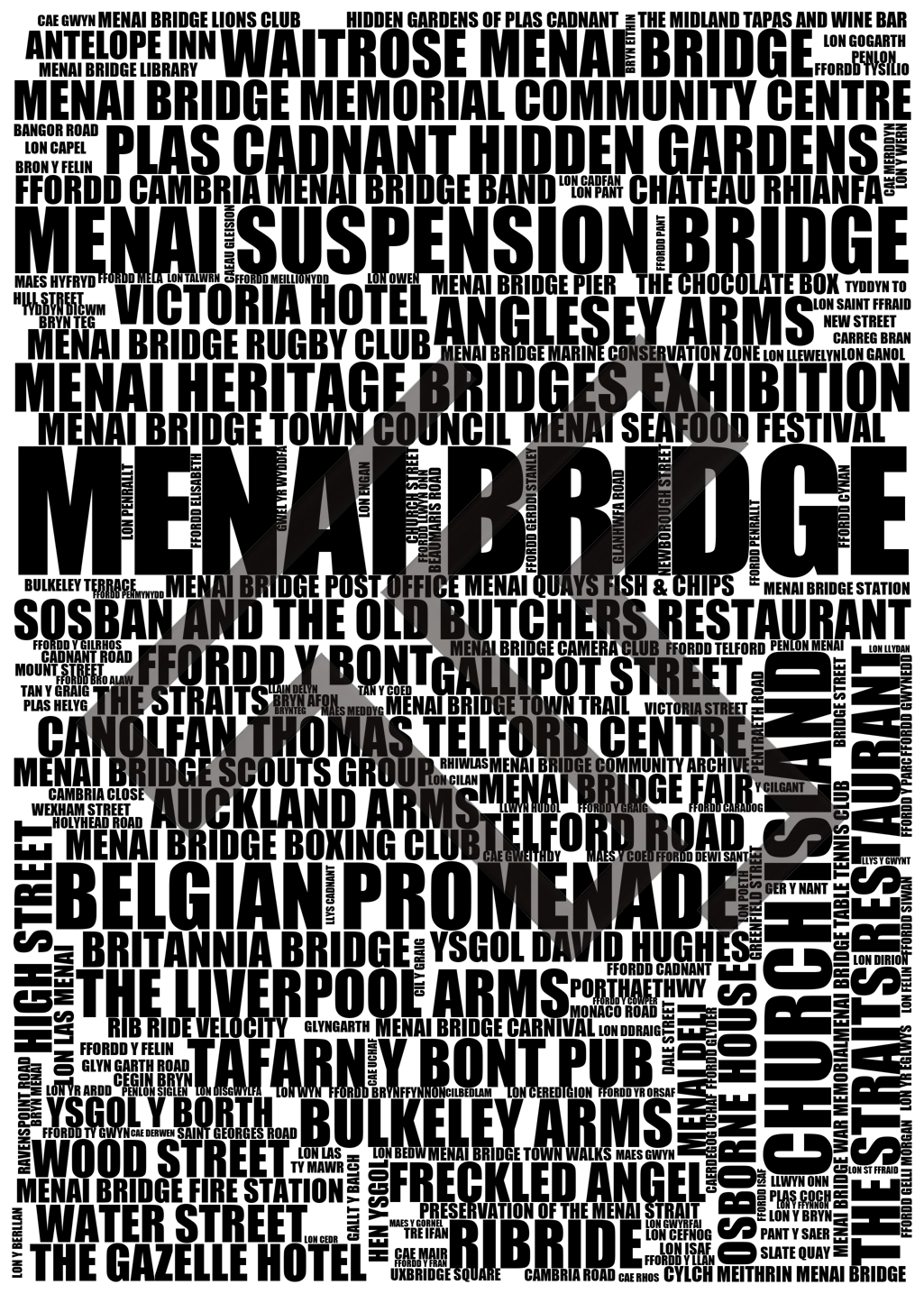 Menai Bridge - Premium Typographic Word Cloud Prints, Posters & Gifts