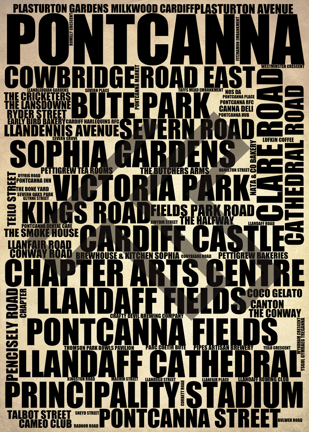 Pontcanna - Premium Typographic Word Cloud Prints, Posters & Gifts