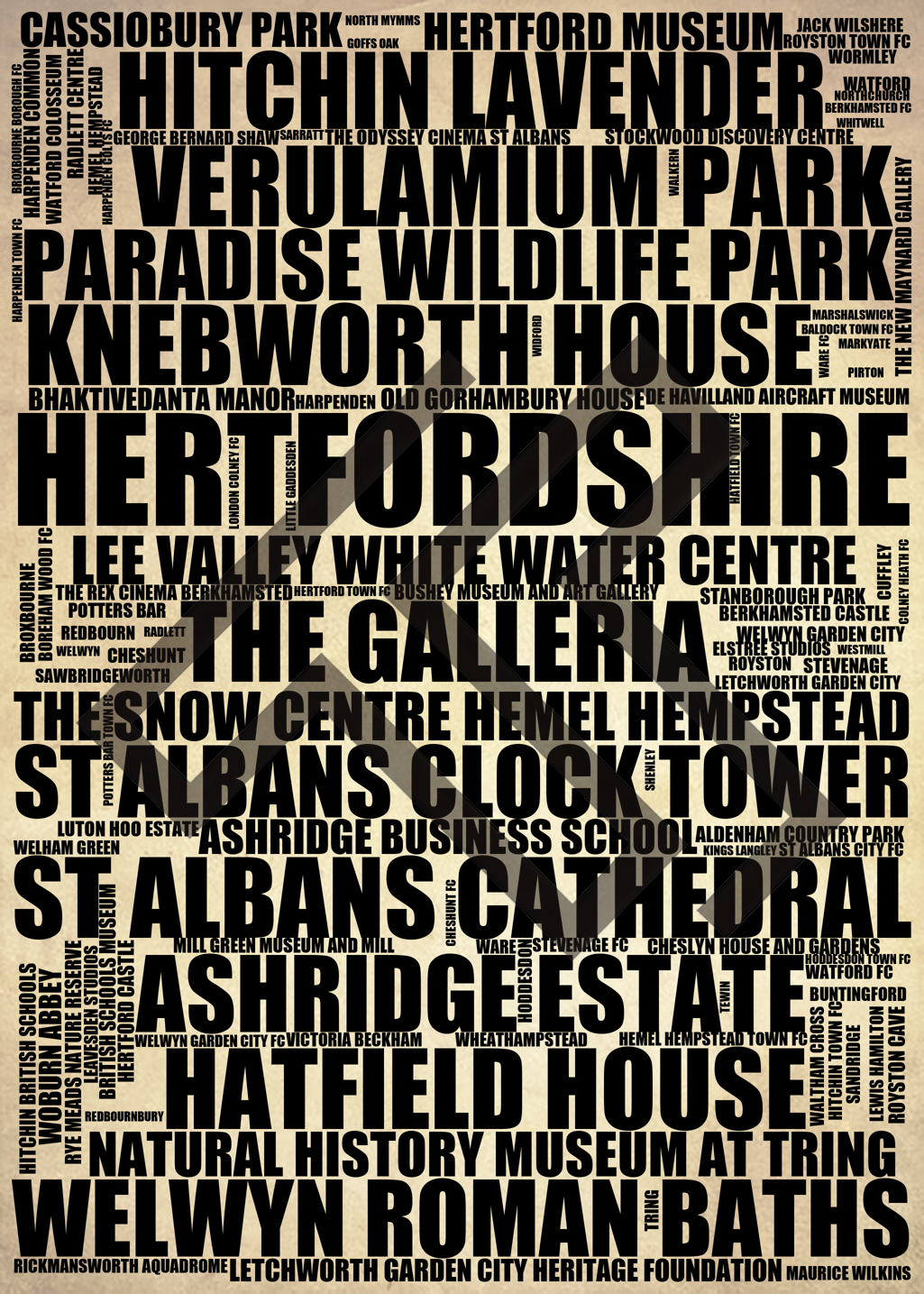 Hertfordshire - Premium Typographic Word Cloud Prints, Posters & Gifts