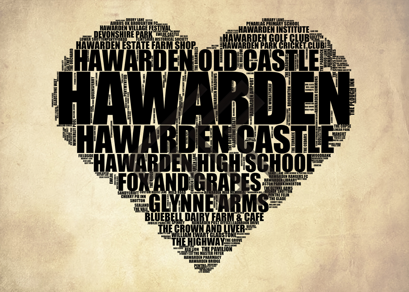 Hawarden - Premium Typographic Word Cloud Prints, Posters & Gifts