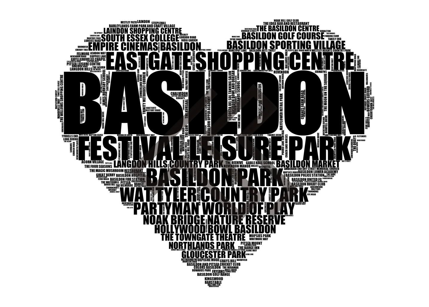 Basildon - Premium Typographic Word Cloud Prints, Posters & Gifts