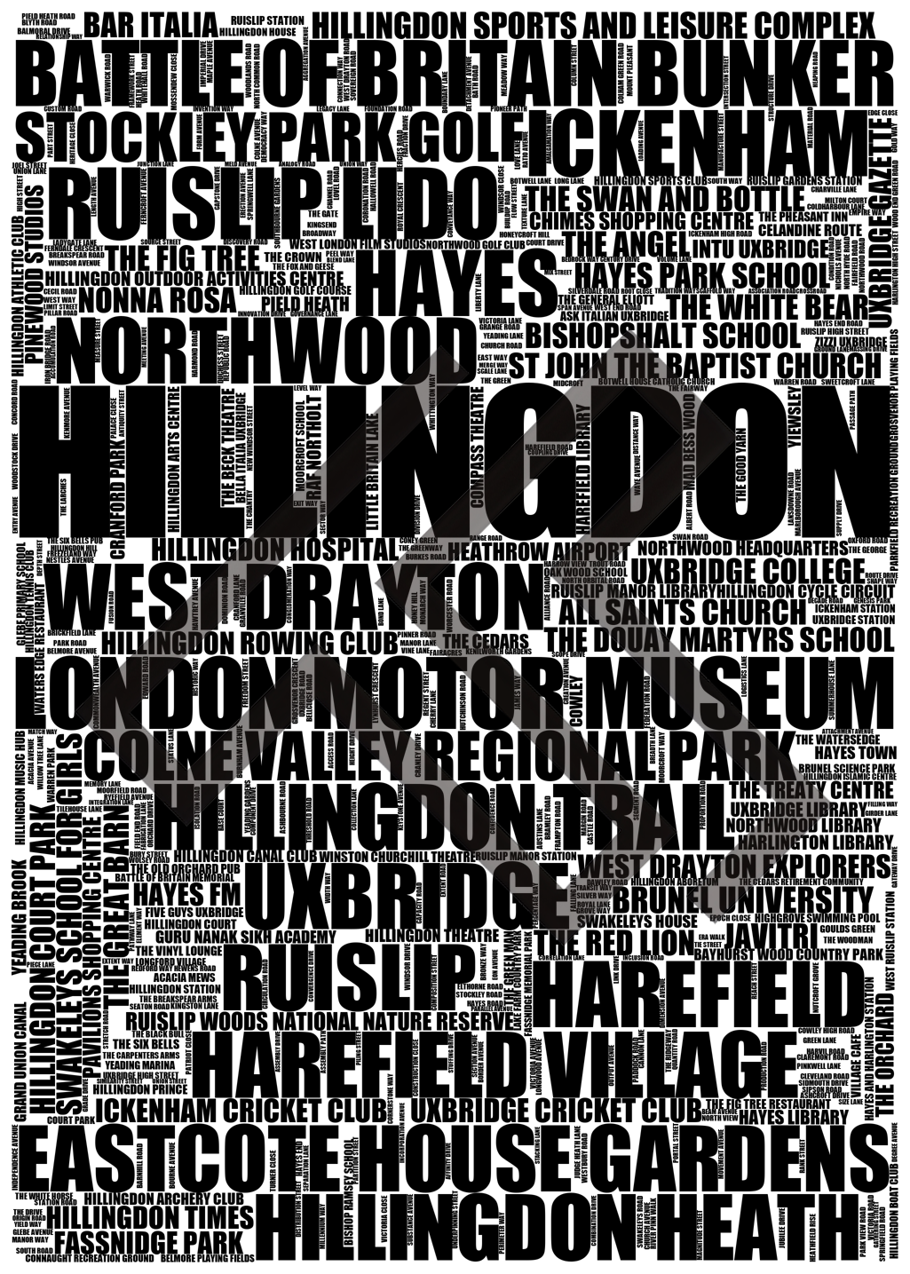 Hillingdon - Premium Typographic Word Cloud Prints, Posters & Gifts