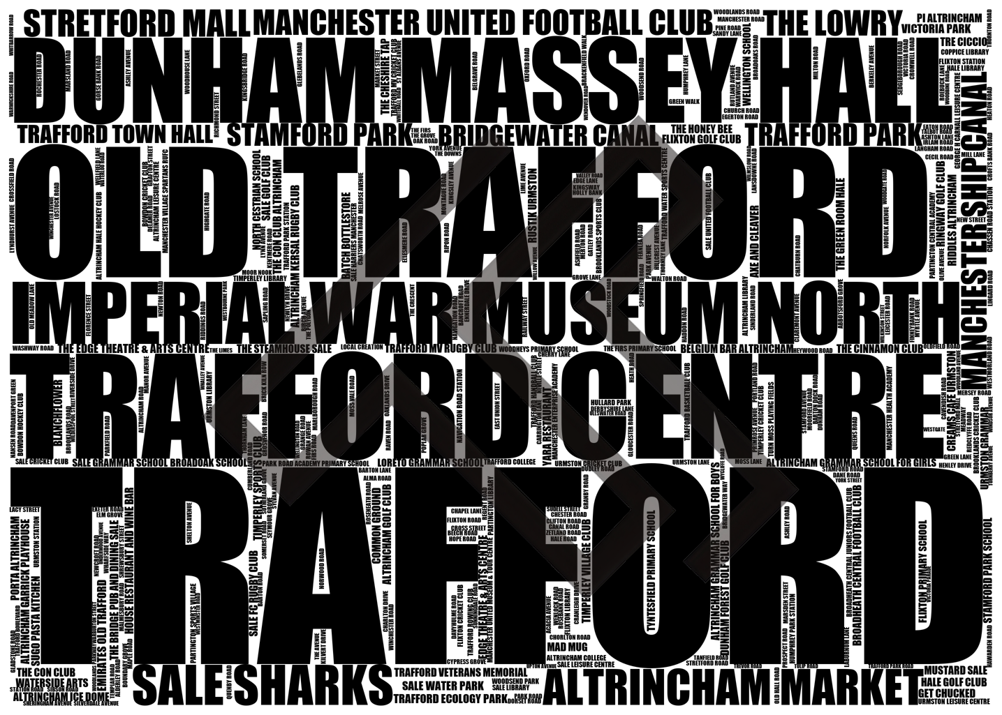 Trafford - Premium Typographic Word Cloud Prints, Posters & Gifts