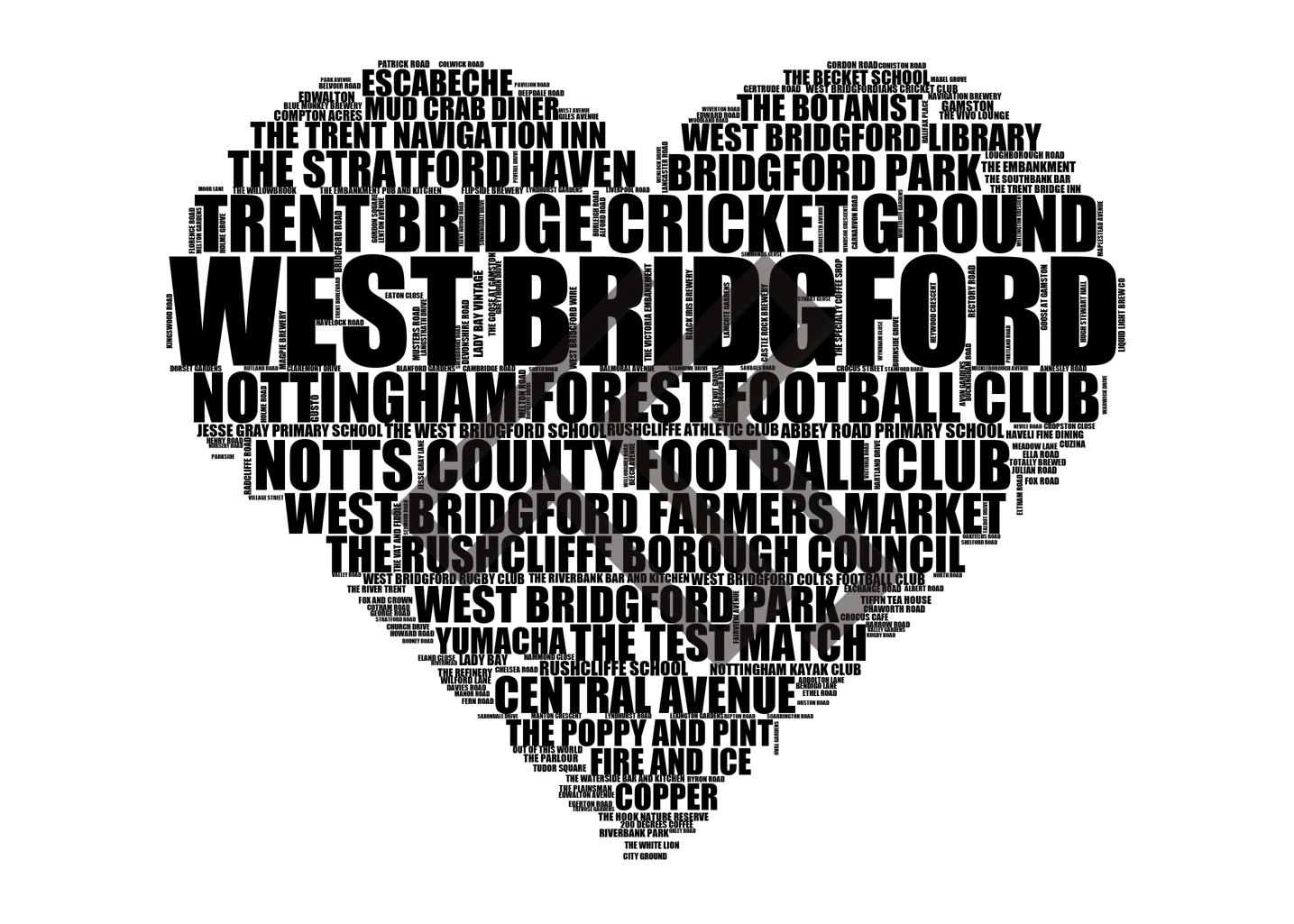 West Bridgford - Premium Typographic Word Cloud Prints, Posters & Gifts