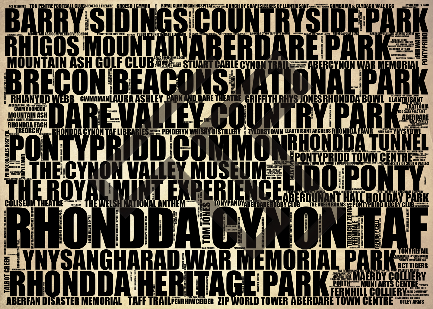 Rhondda Cynon Taf - Premium Typographic Word Cloud Prints, Posters & Gifts