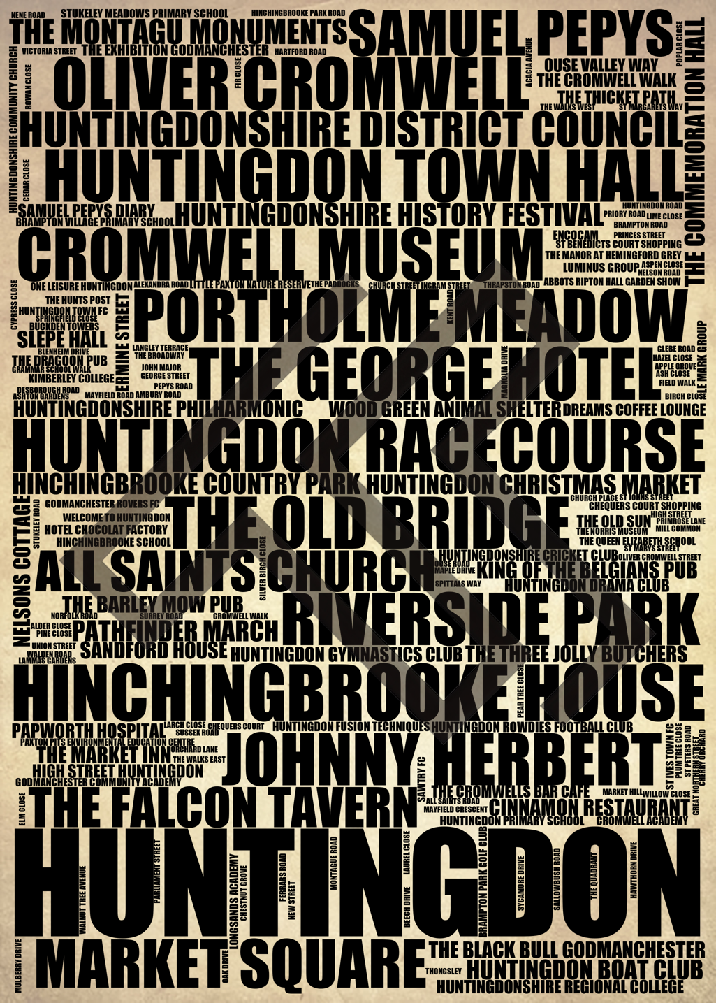 Huntingdon - Premium Typographic Word Cloud Prints, Posters & Gifts