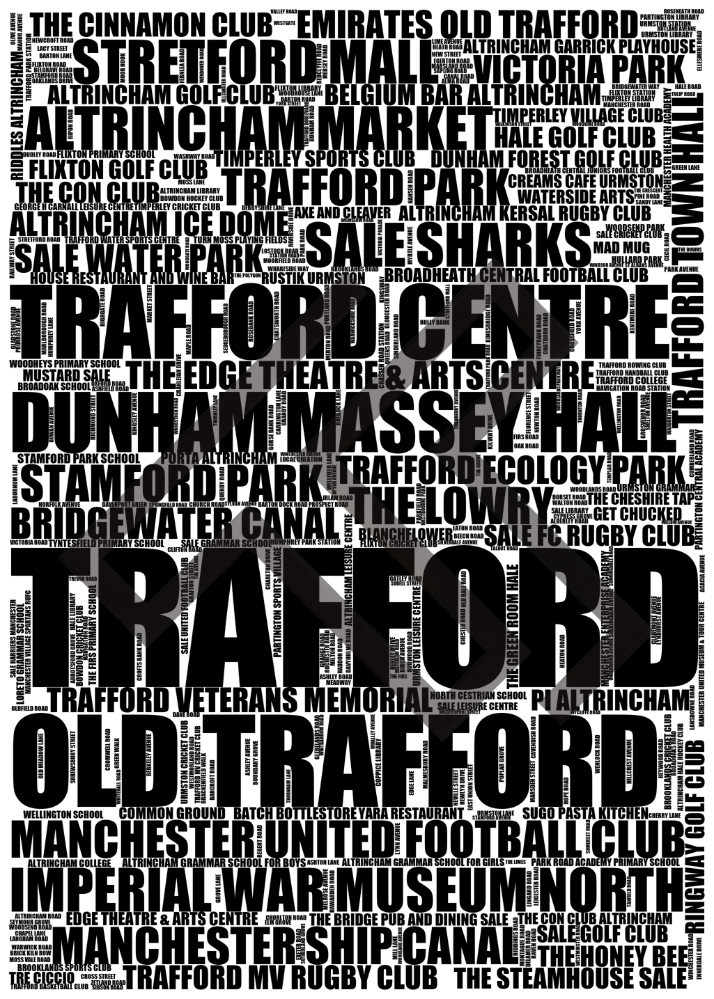 Trafford - Premium Typographic Word Cloud Prints, Posters & Gifts