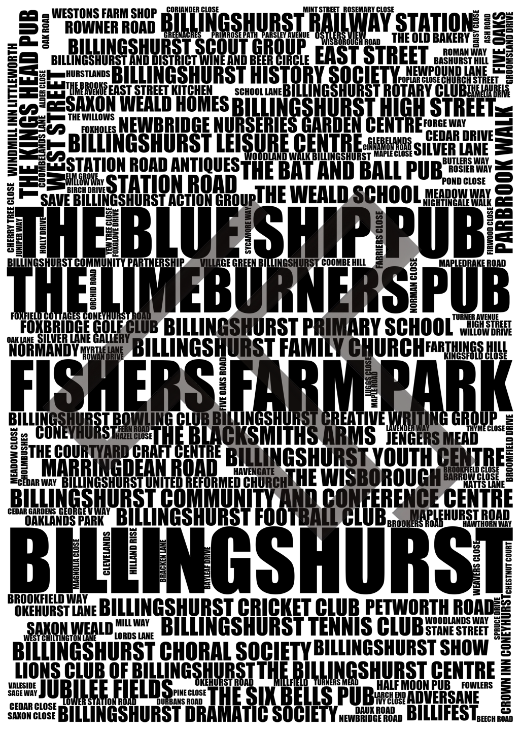 Billingshurst - Premium Typographic Word Cloud Prints, Posters & Gifts