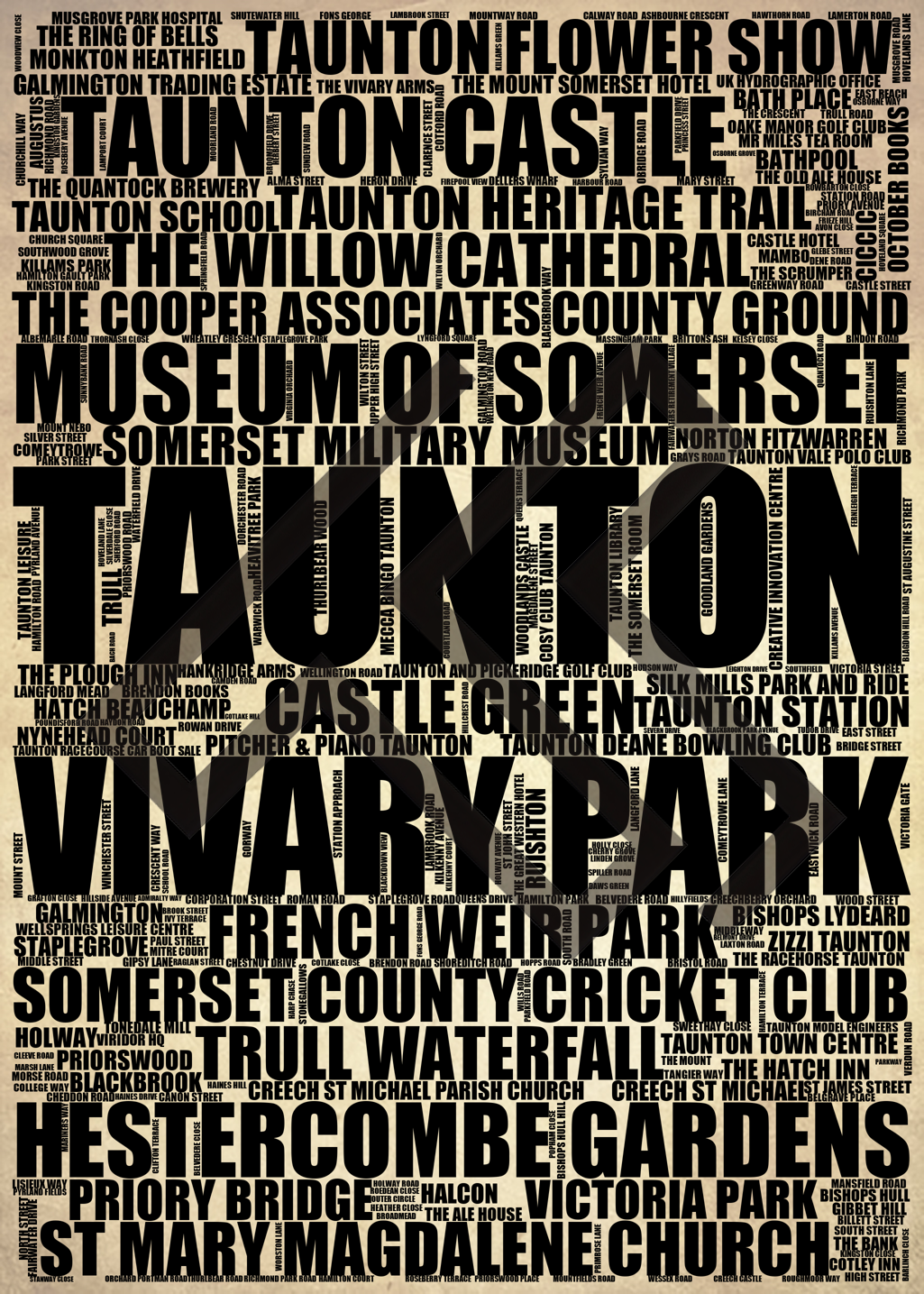 Taunton - Premium Typographic Word Cloud Prints, Posters & Gifts