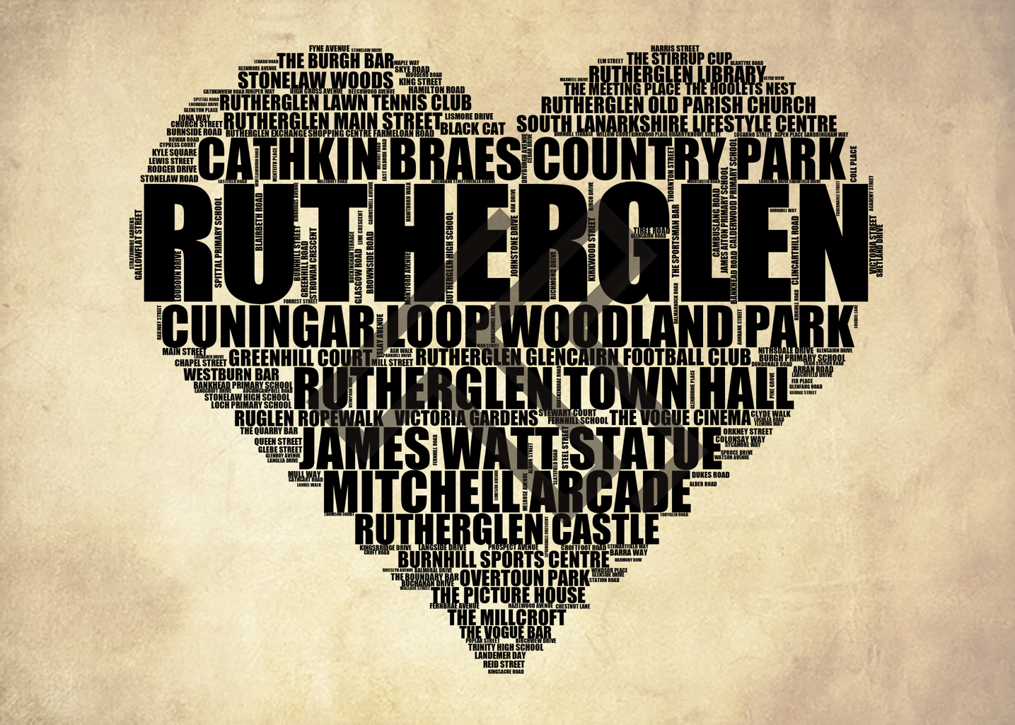 Rutherglen - Premium Typographic Word Cloud Prints, Posters & Gifts