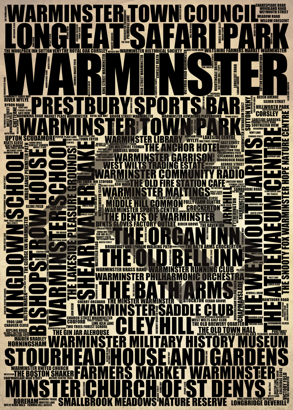 Warminster - Premium Typographic Word Cloud Prints, Posters & Gifts