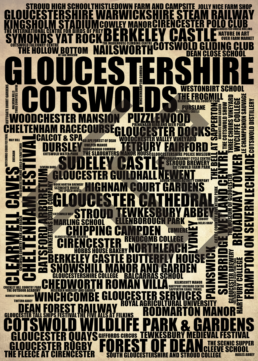 Gloucestershire - Premium Typographic Word Cloud Prints, Posters & Gifts