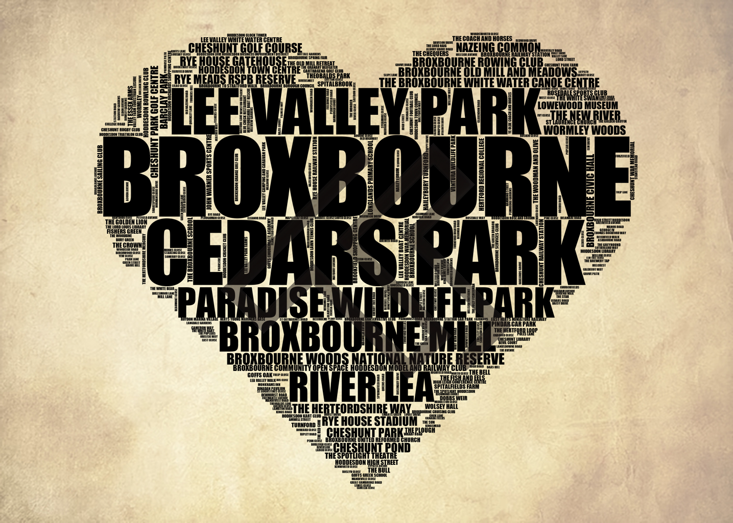 Broxbourne - Premium Typographic Word Cloud Prints, Posters & Gifts