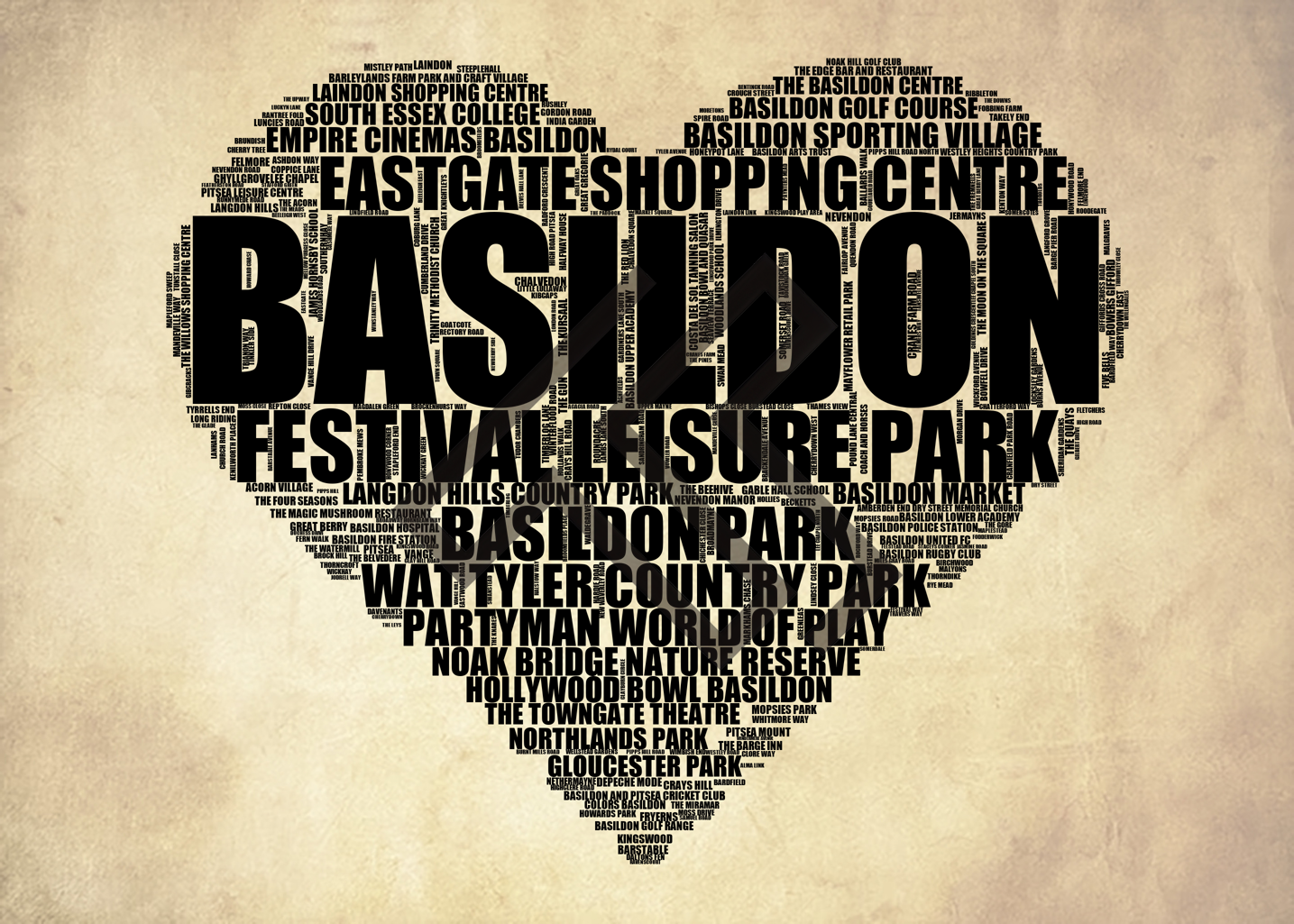 Basildon - Premium Typographic Word Cloud Prints, Posters & Gifts