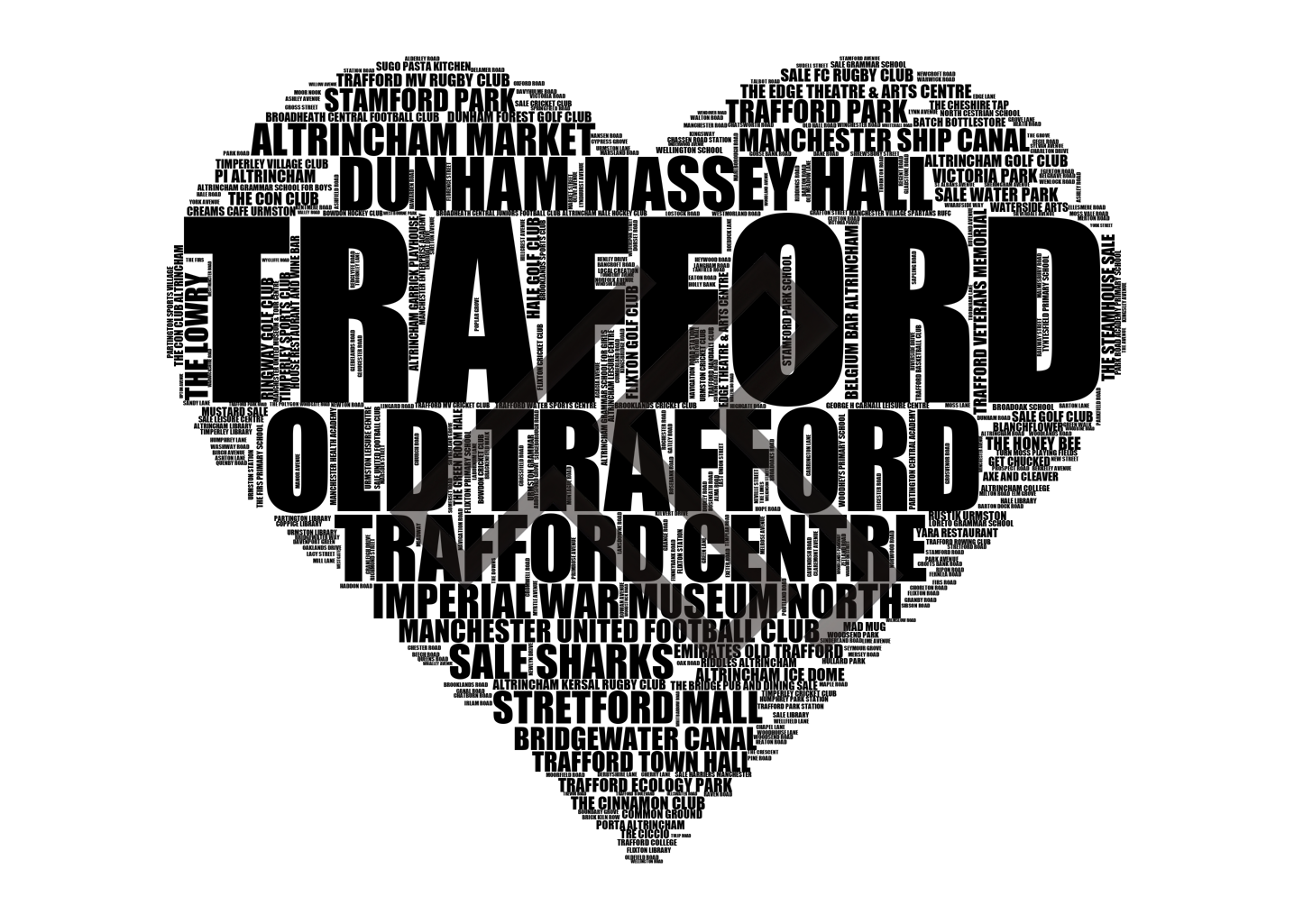 Trafford - Premium Typographic Word Cloud Prints, Posters & Gifts