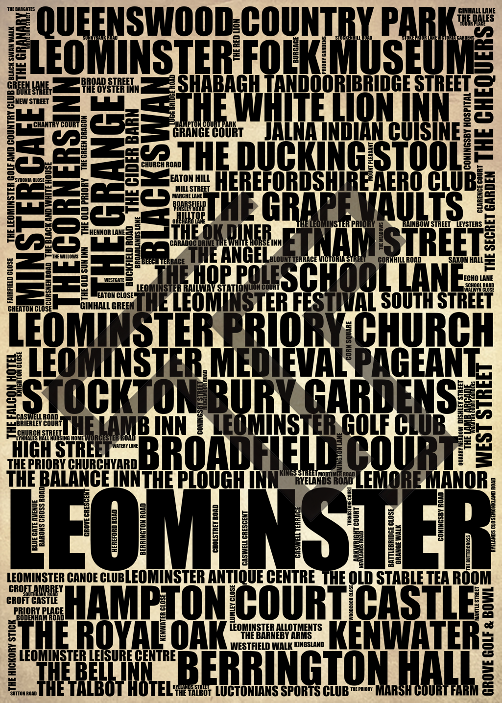 Leominster - Premium Typographic Word Cloud Prints, Posters & Gifts